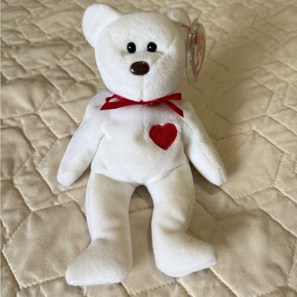 Ty “Valentino” White Beanie Teddy Bear with Red Heart
